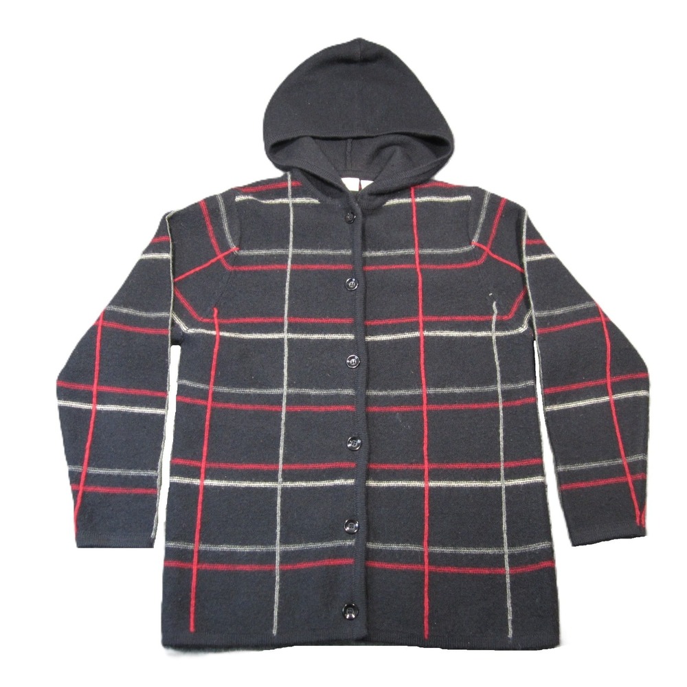 Vtg 100% Wool‎ Cardigan S Black Red Windowpane Plaid Hooded Cabincore Winter 90s